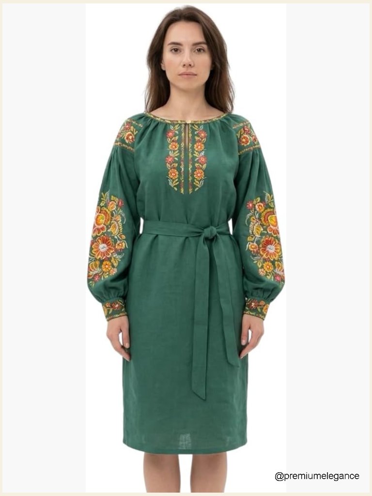 100% Linen Embroidered Boho Midi Dress With Belt